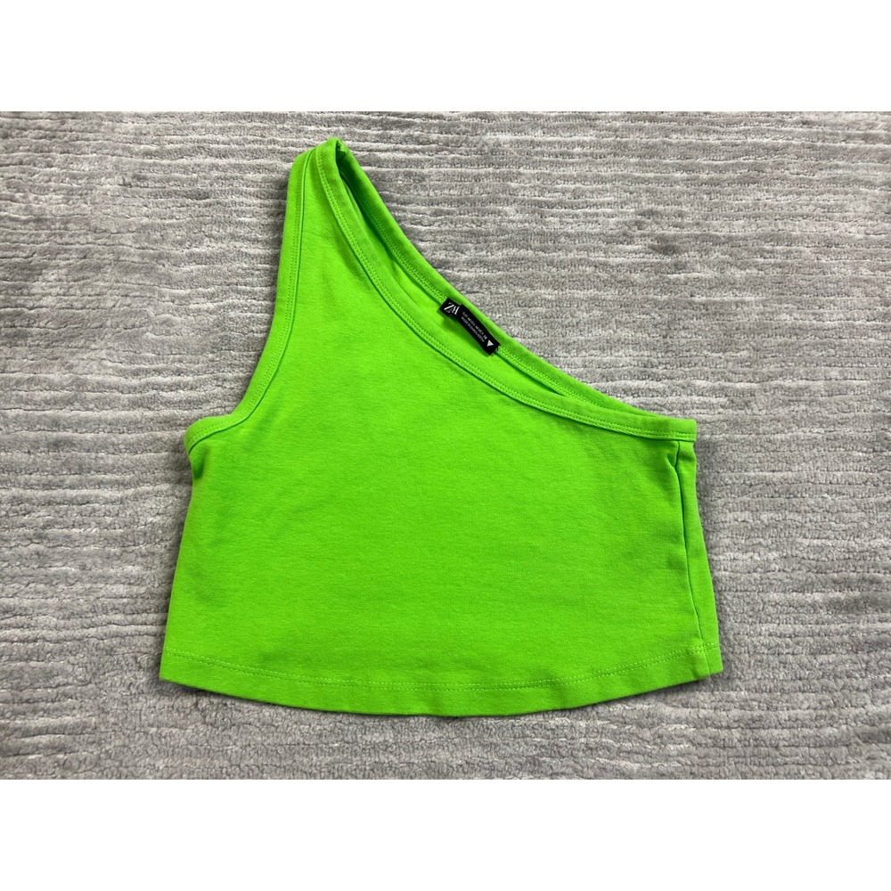Zara Crop Top Womens Medium Neon Green One Shoulder Sleeveless Solid Minimalist